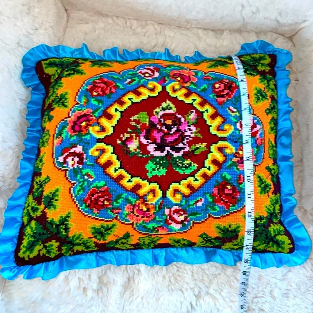 Handmade Ukrainian Pillow Floral Decorative Aqua Ruffled Vintage‎ 18